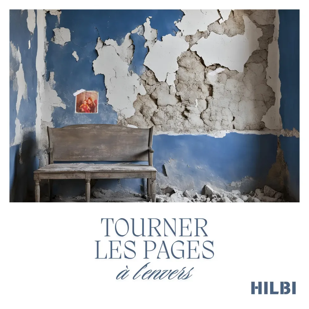 Pochette de Tourner les pages à l’envers : un banc ancien devant un mur bleu écaillé